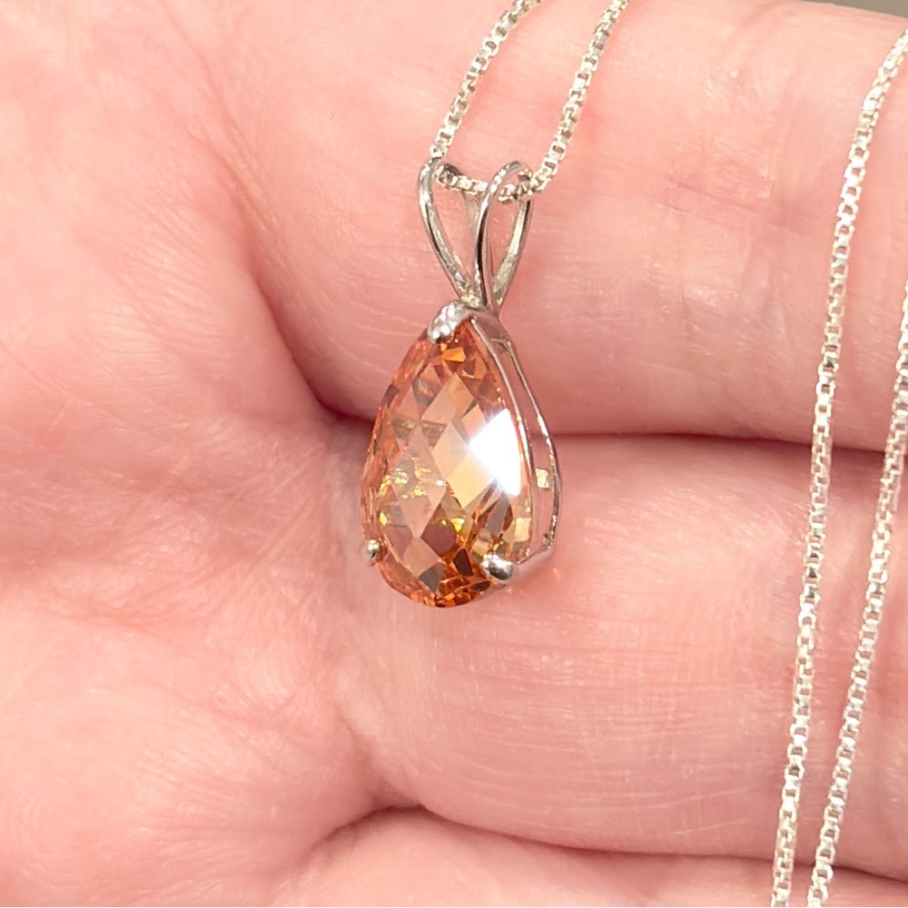 14K Citrine Teardrop Pendant, White Gold, Rose Pear Cut, Yellow Orange Cognac - Picture 13 of 16